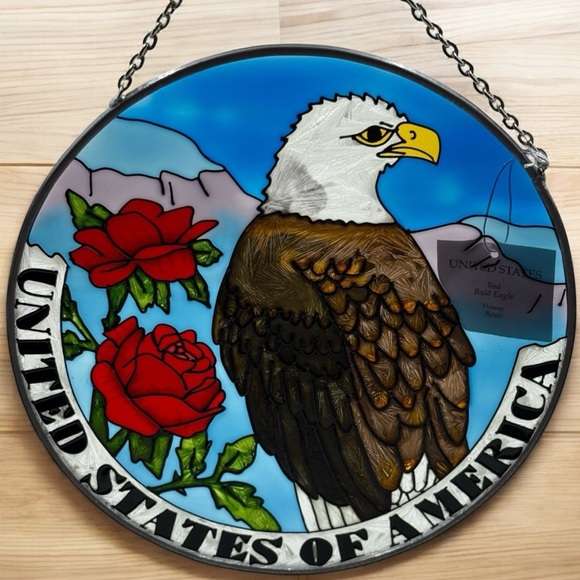Amia Round USA Bald Eagle Red Rose Hand Painted Glass Sun Catcher NIB - Picture 1 of 8